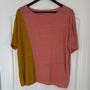 Garnet‎ Hill Organic Linen Peach Gold Colorblock Short Sleeve Top Womens Medium